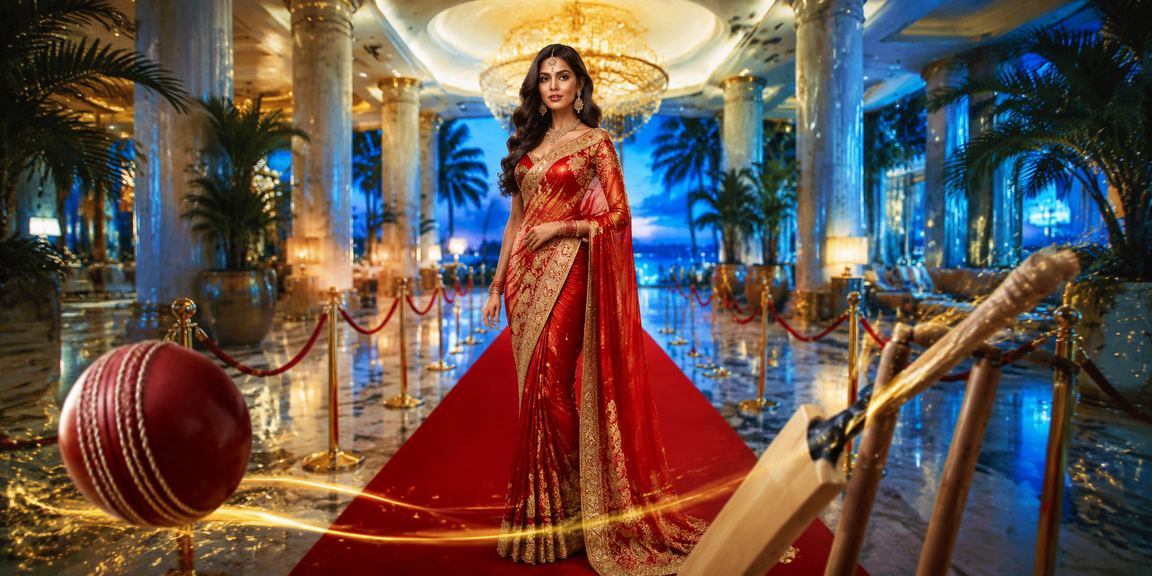 Indian woman betting on cricket game in traditional saree