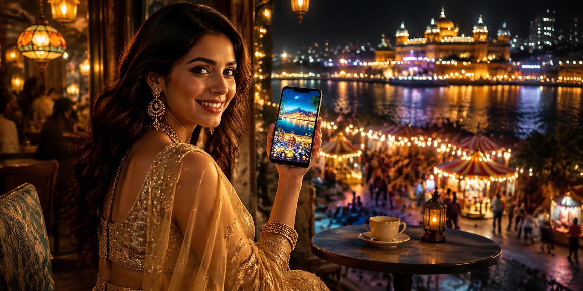 Indian player enjoying mobile casino wearing traditional lehenga